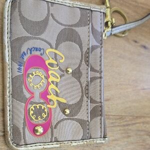 Coach Beige Signature Card Case with Pink & Gold Logo Accents